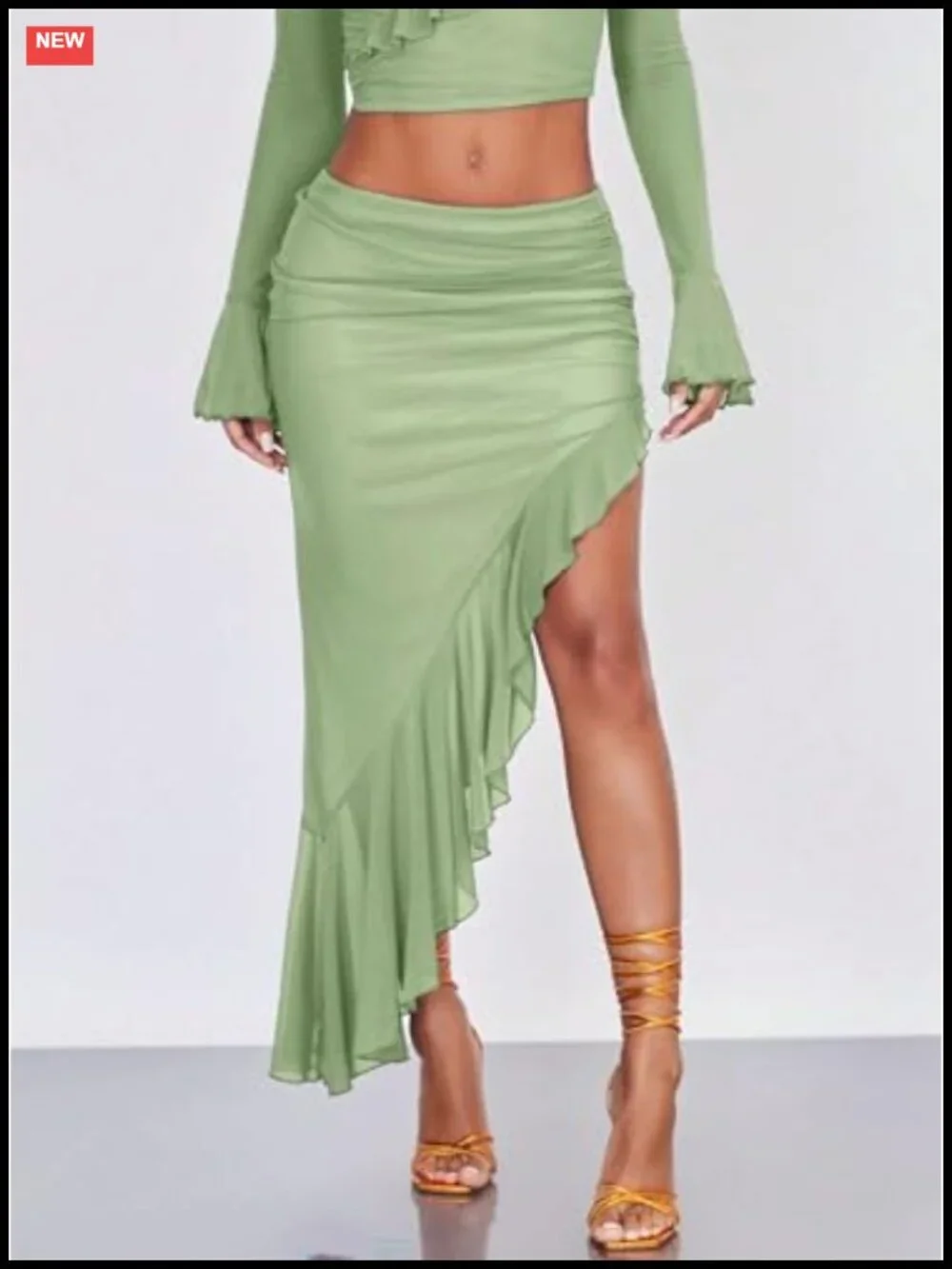 Women's High Waisted Asymmetrical Ruched Mesh Flowy Ruffle Trim Midi Long Skirt